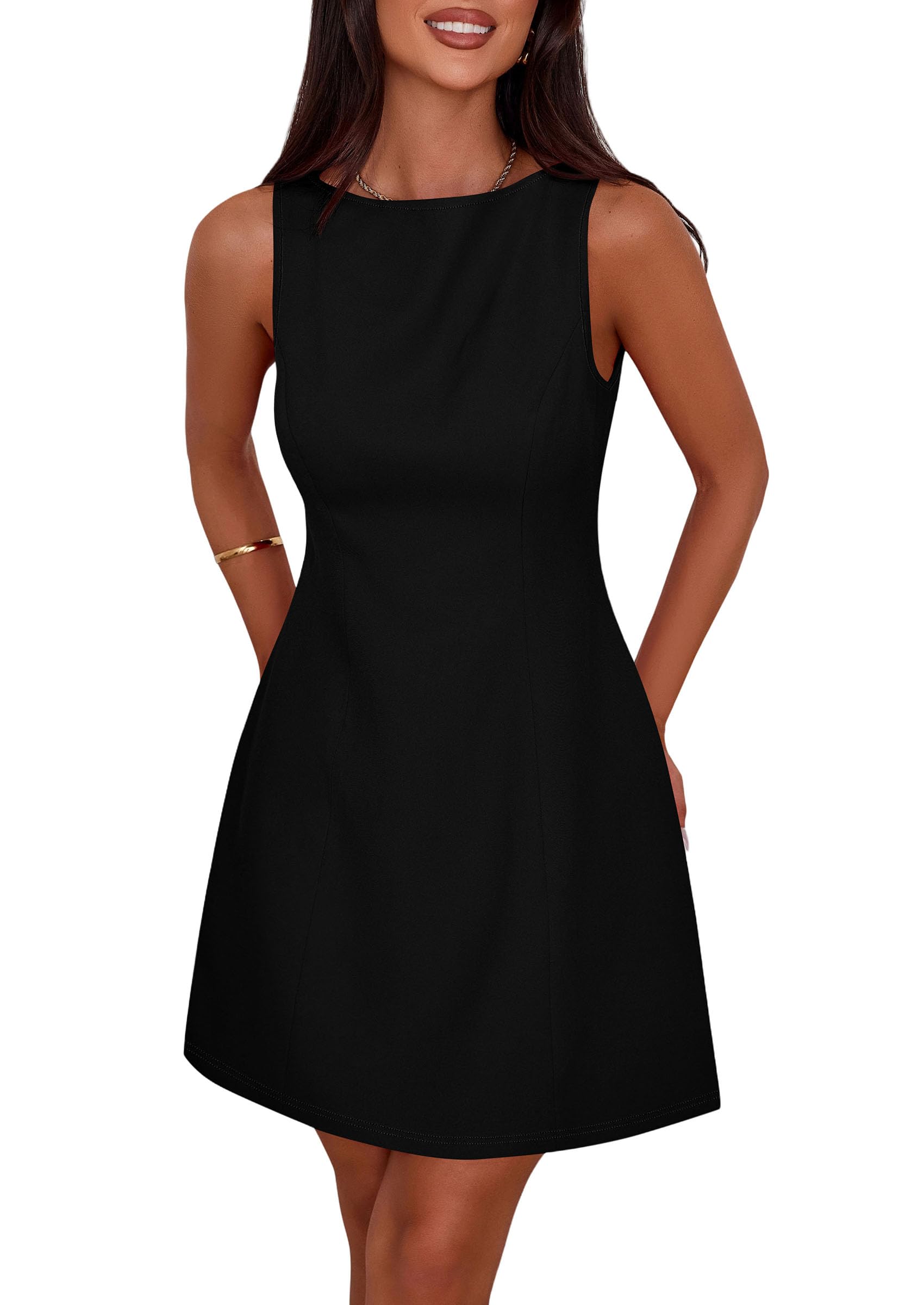 Womens Formal Short Dresses 2025 Summer Sleeveless Boat Neck A Line Elegant Mini Cocktail Party Dress (Black,Medium)