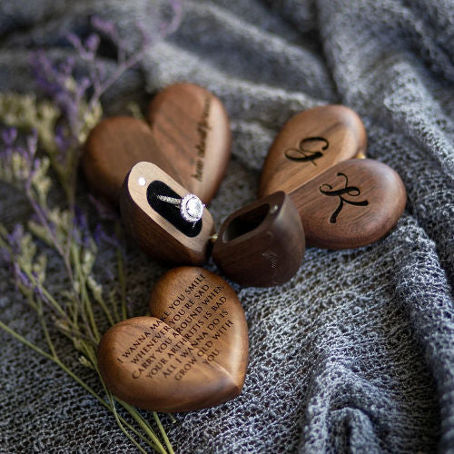 Heart Flip Ring Box - Engraved Secret Slim Wooden Engagement or Wedding Ring Box