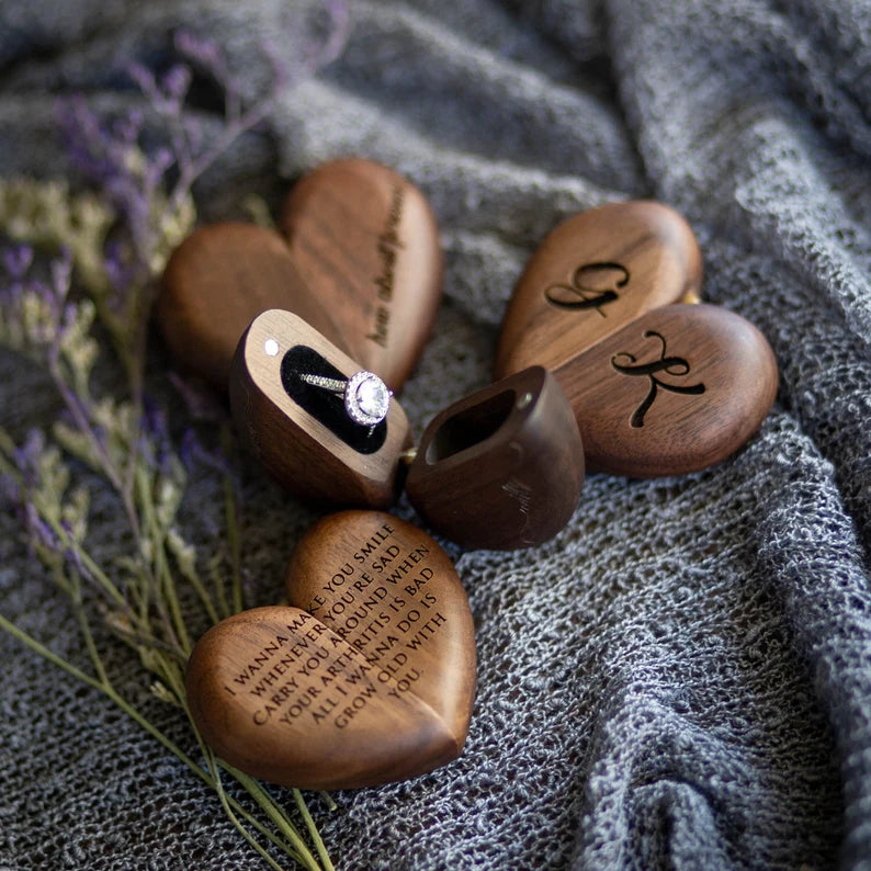 Heart Flip Ring Box - Engraved Secret Slim Wooden Engagement or Wedding Ring Box