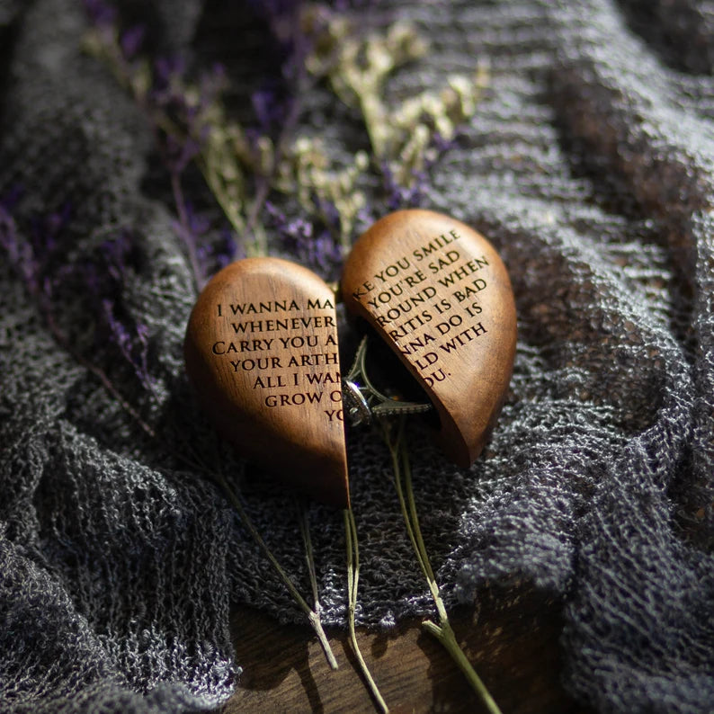 Heart Flip Ring Box - Engraved Secret Slim Wooden Engagement or Wedding Ring Box