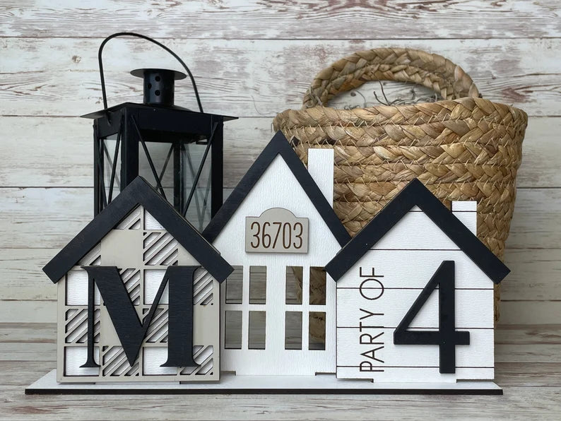 Standing Houses Tiered Tray Centerpiece, Personalized Address 3D Mini Houses