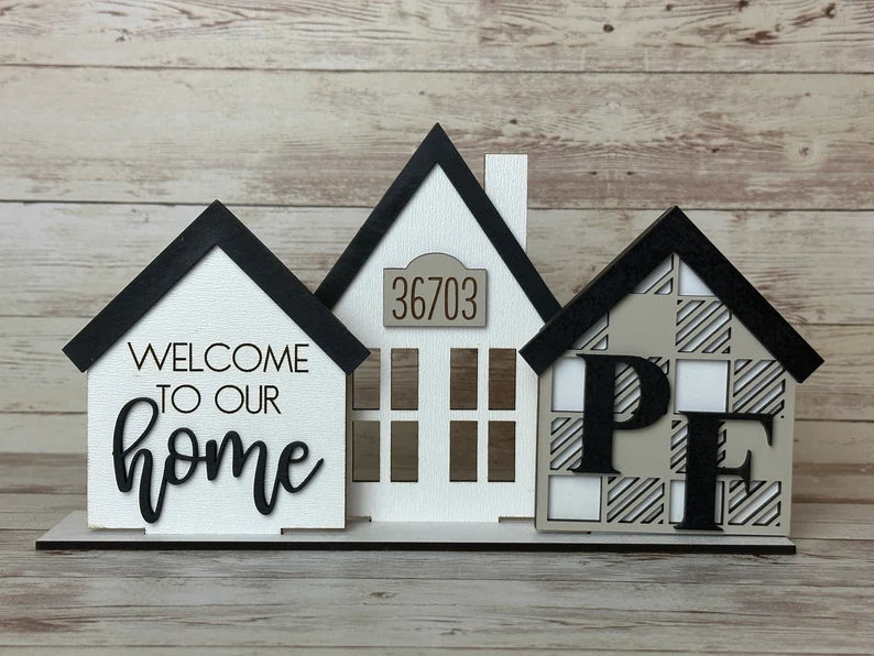 Standing Houses Tiered Tray Centerpiece, Personalized Address 3D Mini Houses