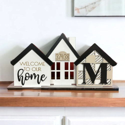 Standing Houses Tiered Tray Centerpiece, Personalized Address 3D Mini Houses