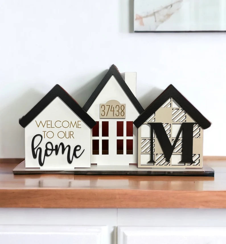 Standing Houses Tiered Tray Centerpiece, Personalized Address 3D Mini Houses
